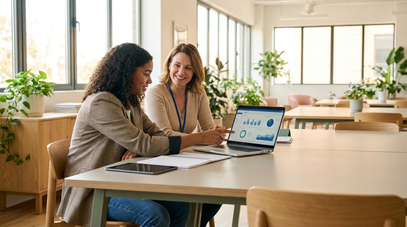Student in a professional internship setting applying AI literacy in a regional workplace